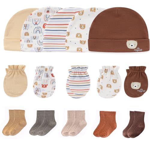 MAMIMAKA Newborn Baby Boy Girl Caps Mittens Socks Set Cotton Baby Essentials Accessories (Hats+Gloves+Socks)