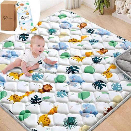 Baby Play Mats for Floor, 50x50 Playpen Mat for Babies, Extra Thicker & Soft Floor Crawling Mat, Foldable Non-Slip Playmat Cushioned for Infants Toddlers, Cute Animal Design