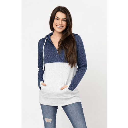Nursing Hoodie - Quarter Zip - Hidden Zipper - Blue Waffle