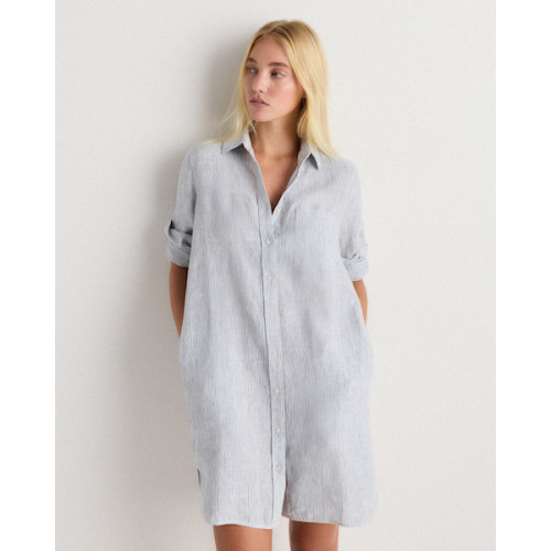 100% European Linen Shirt Dress in Blue Pinstripe