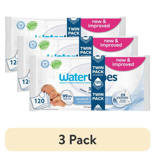 (3 pack) WaterWipes Sensitive Newborn & Baby Wipes, 99.9% Water, Unscented & Hypoallergenic, 120 Wipes