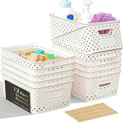 12 Pack Plastic Storage Baskets for Organizing, Storage Baskets for Shelves with Handles, Small Storage Bins with Labels, Organizer Baskets for Cabinet,Closet, Office