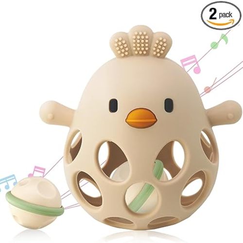 ChooKaChoo 2-in-1 Baby Teething Rattle Toy, Sensory Grasping Teether for Infants 3-12 Months, 100% Food-Grade Silicone, Easy to Hold, Soothing & Developmental, BPA Free, Easter Gifts