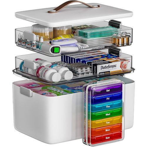 CTIME 3-Tier Medicine Organizer - Portable Medicine Cabinet with Leather Handle, Empty First Aid Kit for Home