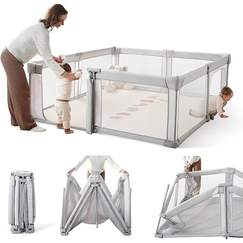 Foldable Baby Playpen,Portable Indoor & Outdoor Playpen for Babies and Toddlers,59”x71”Extra Large Play Pen with Gate,Collapsible Baby Fence with Travel Bag(Light Grey)