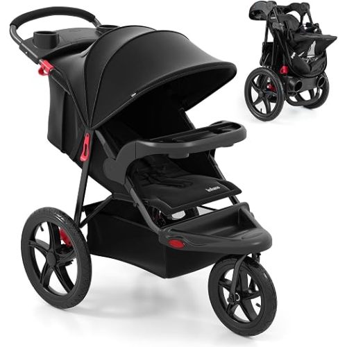 INFANS Jogging Stroller, Foldable Jogger with Air-Filled Tires Shock Absorbing Suspension Adjustable Backrest, Baby Running Strollers