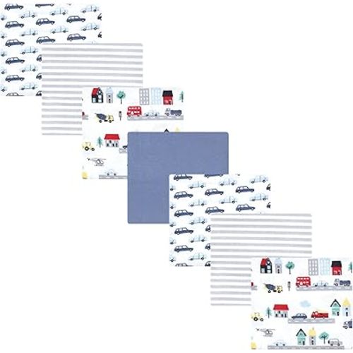 Little Treasure Hudson Baby Cotton Poly Flannel Receiving Blankets Multipack, Blue City Life, 30x30 inches