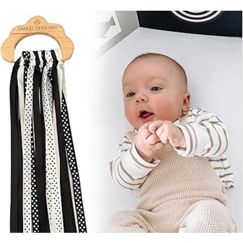Samuel Sensory Toys Cloud Ribbon - Black and White Baby Toys 0-3 Months Made with Beech Wood & Soft Grosgrain and Satin Ribbon - Developmental High Contrast Baby Toys & Tummy Time Toys