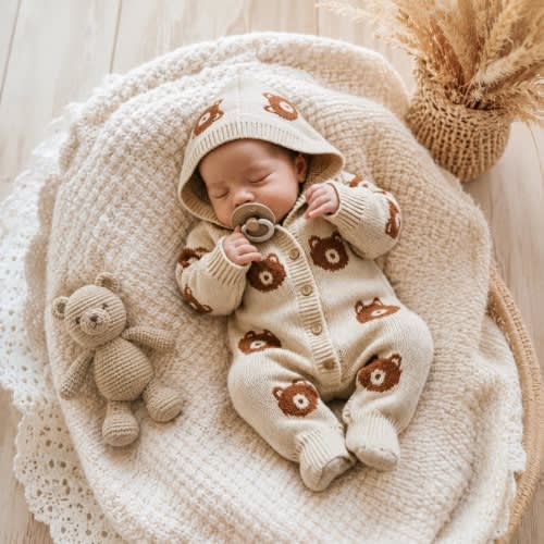 Baby Bear Knit Romper with Hood | Unisex Newborn Photo Outfit Beige Tones