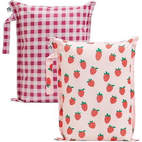 Tiny Twinkle Mess Proof Wet Bags | 2-Pack Reusable Waterproof Wet Bags for Swimsuits | Baby Clothes | Travel & Diaper Bag (Strawberries,Raspberry Gingham)