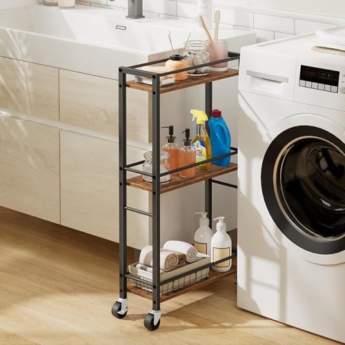 Slim Rolling Cart, Mobile Kitchen Cart on Wheels, Narrow Storage Cart for Small Space, Wooden Service Cart, for Bathroom, Laundry, Living Room, Rustic Brown RCHR1501Z