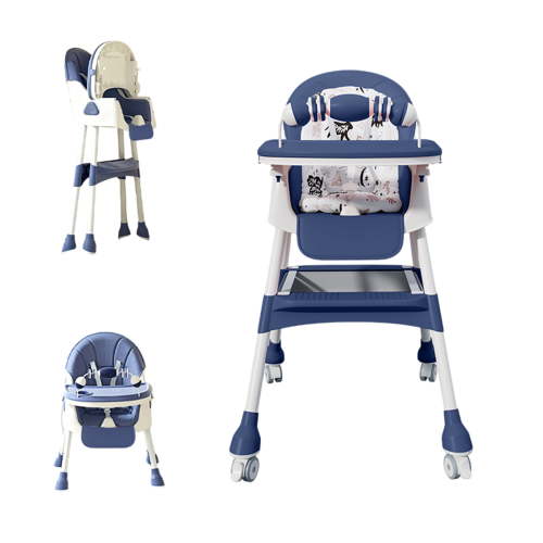 4-in-1 Baby High Chair for Babies & Toddlers, Foldable High Chair with Detachable PU Cushion, Removable Tray, Adjustable Height, Locking Wheels, Blue