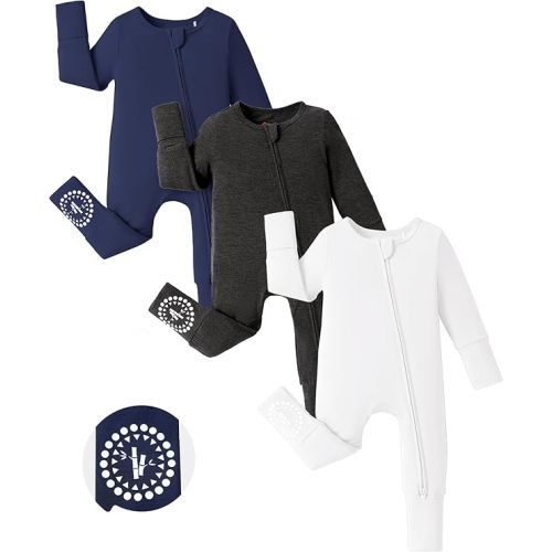 PATPAT Baby Footies Boys Girls - Bamboo Viscose - Zipper & Non-Slip Soles Romper Mitten - Footed & Footless Infant Clothes