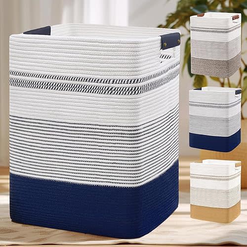 DOFASAYI Laundry Basket - 85L Large Woven Baskets for Storage - Cotton Rope Laundry Hamper, Decorative Storage Basket for Blankets, Clothes Hamper for Living Room, Bedroom, Dark Blue & White