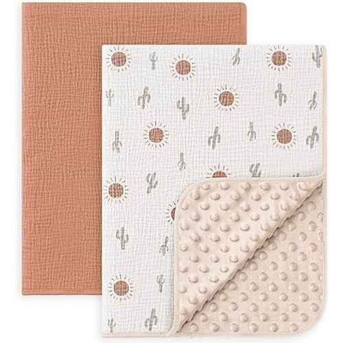 Susurration Baby Blanket for Unisex Boys Girls, 2 Pack Soft Fluffy Crib Blankets with Muslin Cotton Front and Dotted Fleece Back, Receiving Blanket for Baby Newborn Infant, 30x40in, Beige Sun&Brown