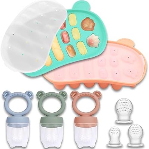 JEXFUN Silicone Baby Fruit Food Feeder Pacifier & Freezer Tray Set, Breastmilk Popsicle Mold for Teething, Silicone Baby Food Storage Containers for Baby Teething & Infant Self Feeding, BPA Free, C