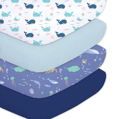 Little Grape Land Crib Sheets Baby Toddler Sheets 4 Pack Fitted for Boys Girls, Standard Size 28x52‘’ Crib Mattress, Super Soft Breathable Washable Microfiber (Whale/Shell Blue/Ocean/Navy)