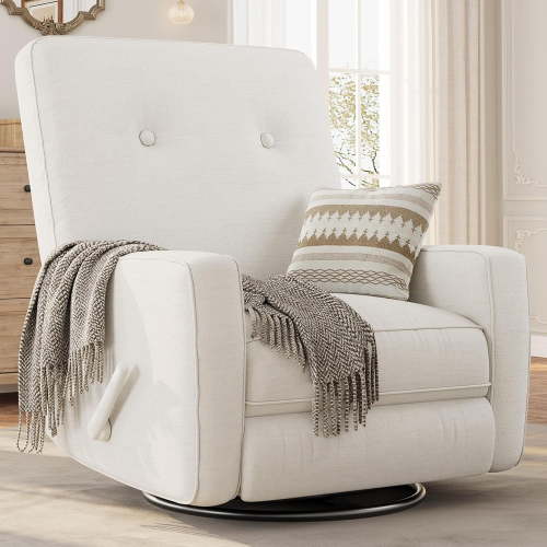 Nursery Recliner Chair, 360° Swivel Rocking Glider Chair for Adults with Adjustable Backrest & Footrest, Cozy Linen Upholstered Armchair for Living Rooms, Bedrooms, Apartments, Beige