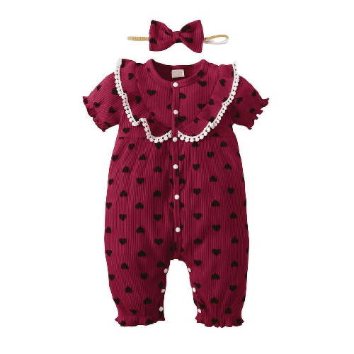 Mikrdoo Newborn Baby Girls Clothes Bubble Heart Print Single Breasted Design Romper With Headband 2Pcs Romper Set Red 9-12 Months