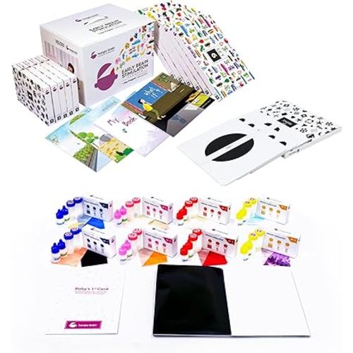Hungry Brain High Contrast Baby Flashcards – 240 Black & White Cards for Newborns (0-12 Months) – 120 Word + 128 Thinking Stimulation Cards with 4 Story Books – Infant Learning & Gift Set