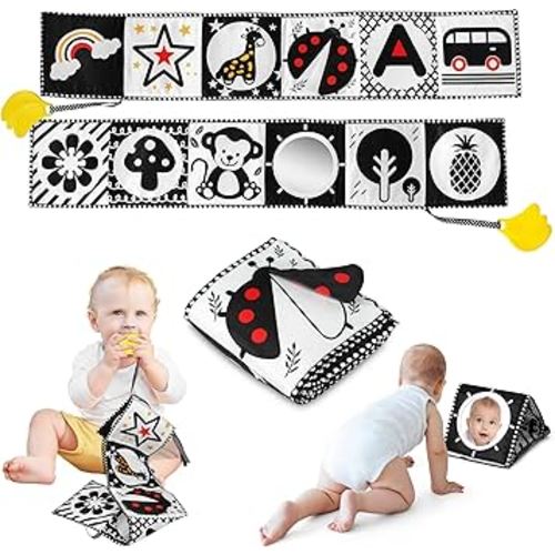 Black and White High Contrast Baby Toys 0-6 6-12 Months, Soft Book with Teether, Newborn Infants Tummy Time Toys, 0-3 3-6 Month Sensory Visual Stimulation, Montessori Learning Essentials
