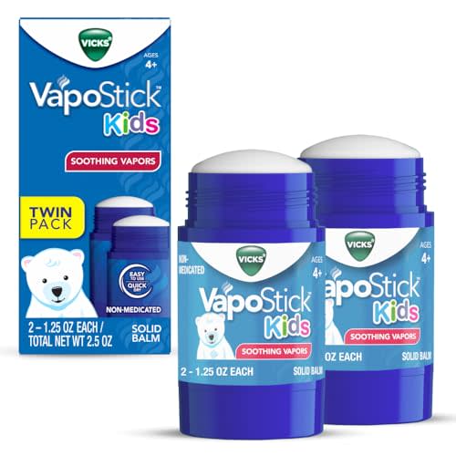 Vicks VapoStick Kids, Solid Balm, No Mess, for Kids Ages 4+ Soothing Non-Medicated Vicks Vapors, Easy-to-Use No-Touch Applicator, Lightweight Feel, 1.25oz x 2