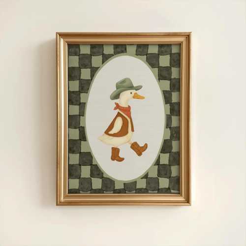 Vintage Cowboy Goose Nursery Wall Art, Toddler Western Theme Download, Checkered Baby Boy Nursery Wall Decor, Western Duck Printable Art