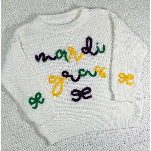 Mardi Gras Toddler baby kids knit sweater hand embroidered sweater name personalized Fat Tuesday parade beads green purple gold Louisiana