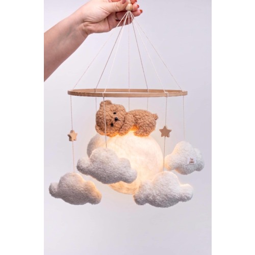 Teddy Bear Mobile, Neutral Nursery Baby Decor, Moon Mobile