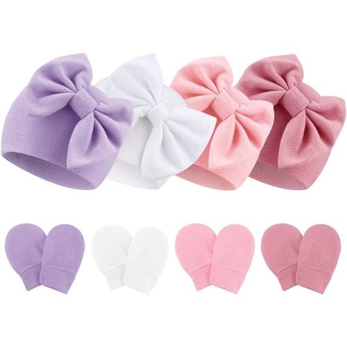 Newborn Baby Hats and Mittens Set Infant Bow Beanie Cap Toddler Gloves Newborn Hospital Hats for Baby Boy Girl 0-6 Months