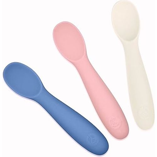 WeeSprout Baby Spoons for Self Feeding 6 Months +, Soft & Durable Silicone Utensils for Sensitive Gums & Teeth, Easy Grip Handles & Shorter Length for Little Hands, 3 Pack + Carrying Case