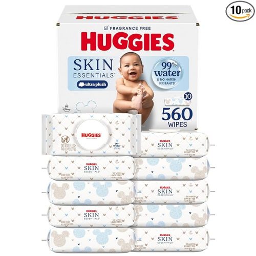 Huggies Skin Essentials Baby Wipes, Hypoallergenic, 99% Water, 10 Flip Top Packs (560 Wipes Total)