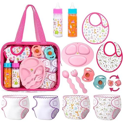 My Sweet Baby 13-Piece Doll Feeding & Diaper Bag Set – Disappearing Milk Bottles, Bibs, Pacifiers, Diapers & Accessories Set – Pretend Play Baby Doll Care Kit for Girls – Fits 12–18″ Dolls