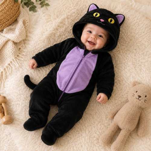 Baby Cat Costume, Toddler Cat Outfit, Cute Kitten Romper, Black Cat Jumpsuit, Hooded Cat Costume, Kawaii Animal Outfit for Kids