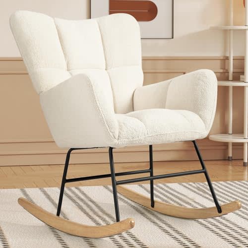 OUTMASTER Modern Rocking Chair Nursery，Teddy Upholstered Glider Nursery Chair，Nursing Chair with Anti-Slip Pad，Armrest and High Backrest Rocking Chairs for Children's Room，Living Room，Bedroom