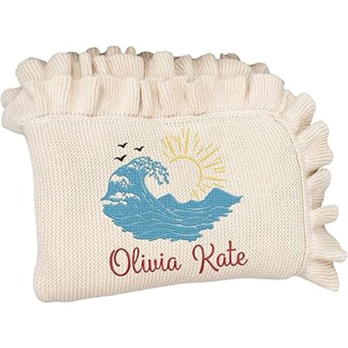 SwaddleAn Personalized Ocean Waves Baby Blanket, Coastal Embroidered Swaddle, Custom Name Keepsake, Gender Neutral Sea Theme Nursery Decor