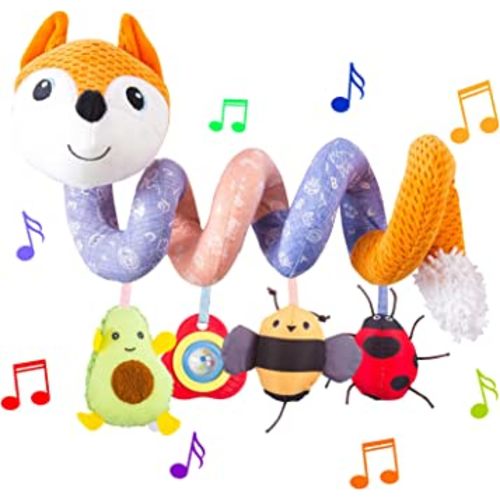 Car Seat Toys, Infant Baby Orange Fox Spiral Plush Activity Hanging Toys for Car Seat Stroller Bar Crib Bassinet Mobile with Music Box BB Squeaker and Rattles（Orange）