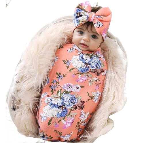 Galabloomer Newborn Receiving Blanket Headband Set Baby Flower Rose Swaddle with Big Bow (Orange)