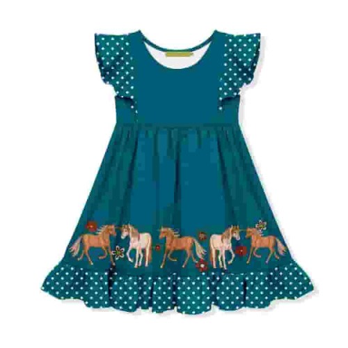 Millie Loves Lily Girls Teal Pony Border Angel Sleeve Dress,Toddler Girls, Size 4T