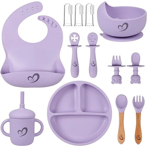 Silicone Baby Feeding Set Essentials,13 Pcs,Baby Led Weaning Supplies, Baby Spoons Suction Bowl Divided Plate Bib Cup Finger Brush,First Stage Solid Food Eating Utensils - 6 Months + (Purple)