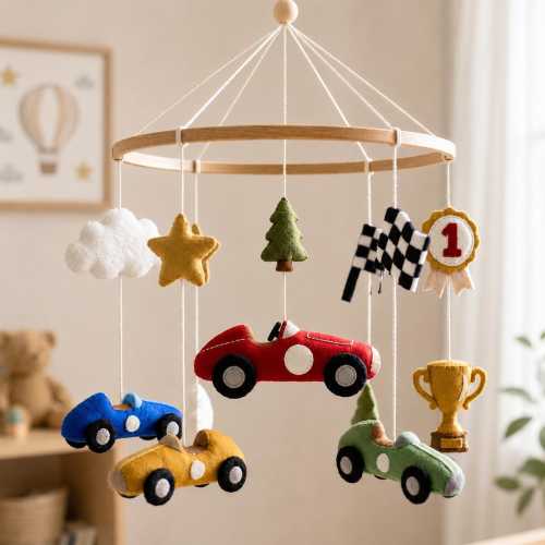 Vintage Racing Car Baby Mobile, Race Track Nursery Decor, Felt Race Car Mobile, Motorsport Nursery Gift, Baby Boy Decor