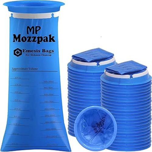 MP MOZZPAK Vomit Bags Disposable 50 Pack - 1000ml Emesis Bags, Leak-Proof Barf Bag, Travel Friendly Puke & Nausea Bag for Motion Sickness, Medical Grade Throw up Relief for Car, AirPlane, & Road Trip