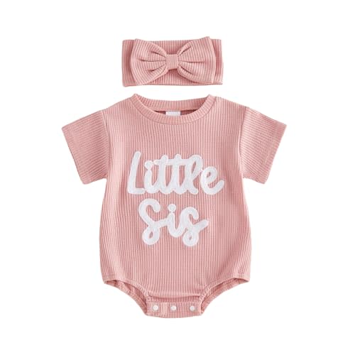 Infant Baby Girl Summer Outfit Short Sleeve Little Sister Lil Sis Bubble Romper Jumpsuits Newborn Waffle Clothes