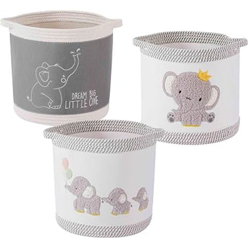 3-Piece Woven Baby Toy Blanket Storage Baskets Laundry Hampers, Elephant Design Foldable Nursery Organizer for Toys Clothes Stuffed Animals, Roomy Sturdy Hamper for Baby Gift Nursery Decor Basket
