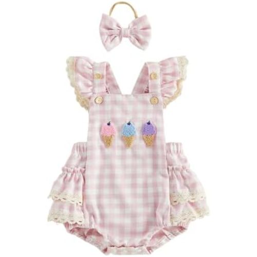 Baby Girl Plaid Romper Lace Trim Ice Cream Embroidery Ruffle Sleeve Infant Bodysuits Jumpsuits with Headband