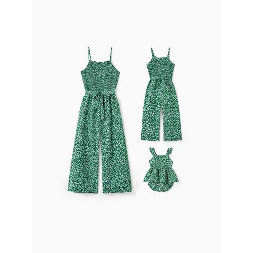 Matching Floral Print Green Smocked Strap Jumpsuits for Mommy and Me Green