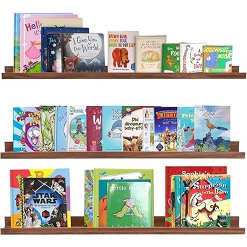 AZSKY 36 Inch Floating Book Shelves Rustic Wood Wall Picture Ledge Shelf for Storage Light Walnut Wall Mounted Picture Photo Display Shelf a Set of 3 Hanging Book Shelf