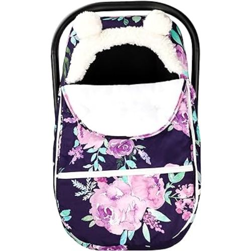 Winter Carseat Cover Girls, Purple Cozy & Warm Cover, Infant Car Seat Canopy, Ultra-Soft Breathable Protect Baby from Cold Wind, Zipped Removable Design