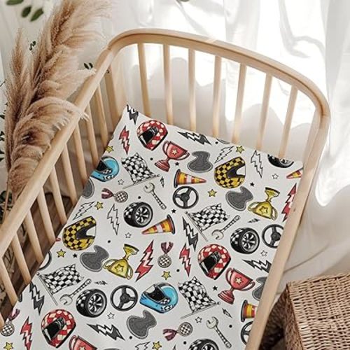 Cute Race Car Plaid Stars Fitted Crib Sheet for Baby Girls Boys 52x28Inch Colorful Helmets Flag Black White Checkered Fitted Crib Sheet Racing Vehicles Fits Standard Bed Cribs Sheet