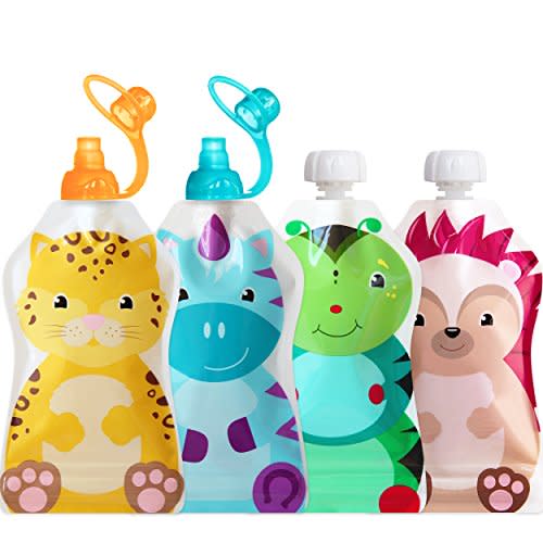 ChooMee SoftSip Food Pouch Tops + Reusable Baby Food Pouches, Fill with Baby food, Applesauce and Purees | Wide Double Zipper Bottom, BPA Free | 4 CT 5oz + 2 SoftSip